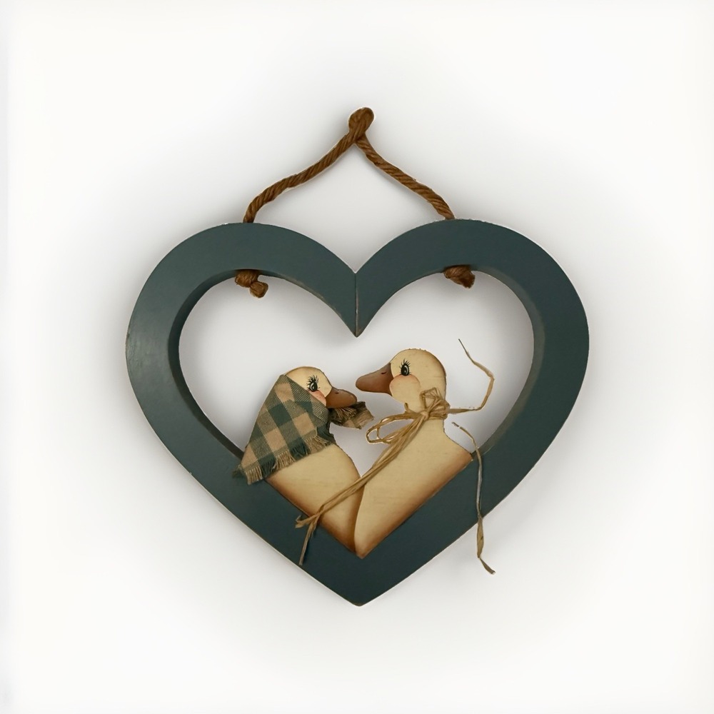 Vintage Heart-Shaped Duck Couple Wall Hanging Rustic Decor, Wood & Hanging Rope